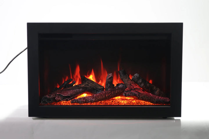 Amantii TRD SMART Electric Fireplace with vibrant, multi-colored flame presentation in various shades, featuring ambient canopy lighting with 13 color options, perfect for indoor applications, hardwire ready and capable of producing up to 1465W heat for spaces up to 400 sq ft.