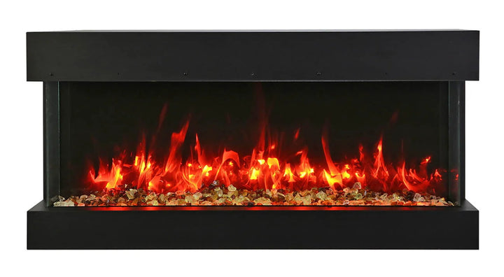 Remii BAY-SLIM 3 Sided Electric Fireplace - slim 10.5 inch deep electric fireplace with vibrant multi-colored flame presentation and 13 color ambient canopy lighting.