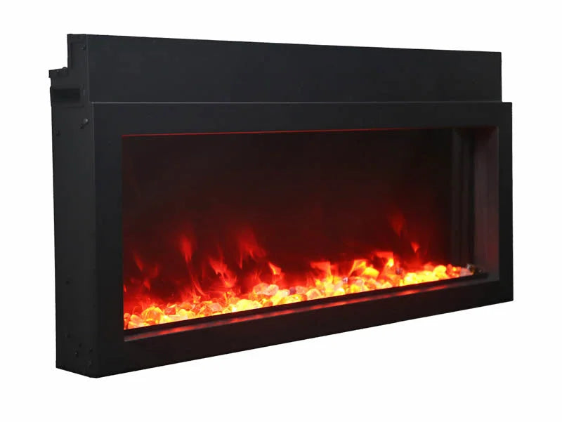Amantii Panorama BI Extra Slim Smart Electric Fireplace with black steel surround and clear glass media, featuring vibrant multi-colored flame presentation.