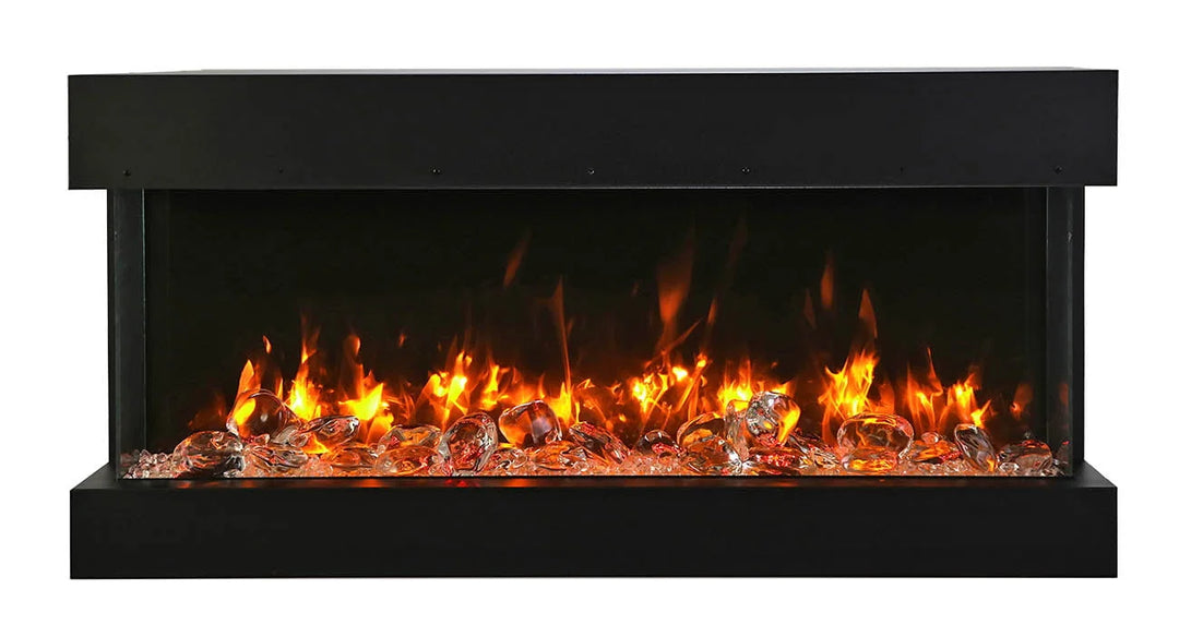 Remii BAY-SLIM 3 Sided Electric Fireplace with 10 Piece Birch Style Log Set and Real Fire Glass Media, featuring vibrant multi-colored flame presentation and ambient canopy lighting in 13 colors.