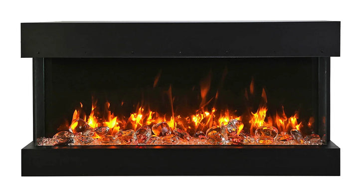 Remii BAY-SLIM 3 Sided Electric Fireplace with 10 Piece Birch Style Log Set and Real Fire Glass Media, featuring vibrant multi-colored flame presentation and ambient canopy lighting in 13 colors.