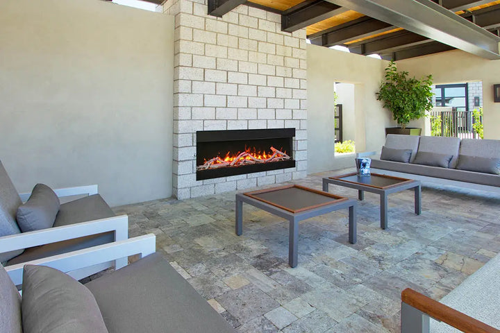 Remii BAY-SLIM 3 Sided Electric Fireplace: sleek corner design featuring vibrant multi-colored flame presentation, LED light strips, and remote control operation with customizable heat output up to 5000 BTU.