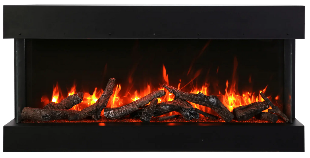 Amantii Tru View XT XL Electric Fireplace: Extra Tall, Extra Long, three-sided glass indoor or outdoor electric fireplace with vibrant, multi-colored flame presentation and ambient canopy lighting.
