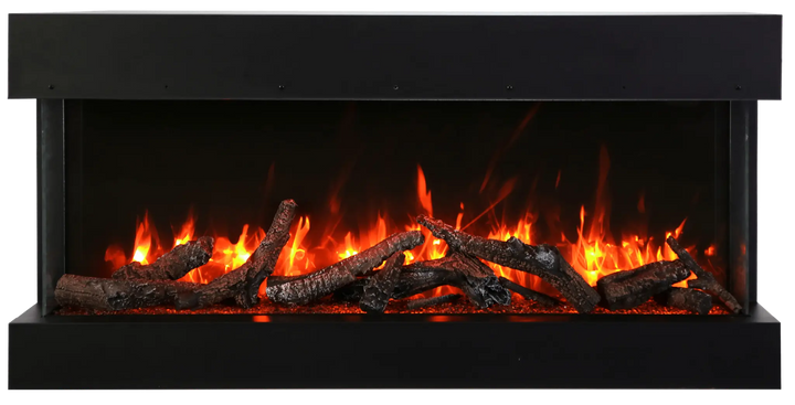 Amantii Tru View XT XL Electric Fireplace: Extra Tall, Extra Long, three-sided glass indoor or outdoor electric fireplace with vibrant, multi-colored flame presentation and ambient canopy lighting.