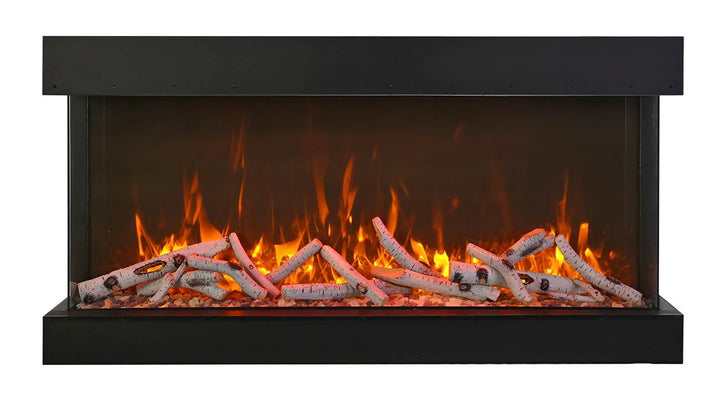 Amantii Tru View XT XL Electric Fireplace: High-intensity LED flames in vibrant yellow, orange, and red hues create a stunning illusion within 22" of unobstructed glass viewing height, perfect for indoor or outdoor use with 3-sided glass design and WiFi connectivity.