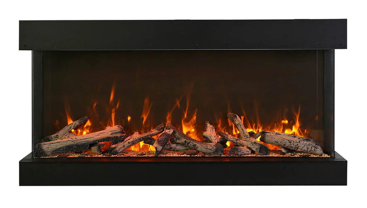 Amantii Tru View XT XL Electric Fireplace features 3-sided glass design with vibrant multi-colored flames and ambient canopy lighting for indoor or outdoor use.