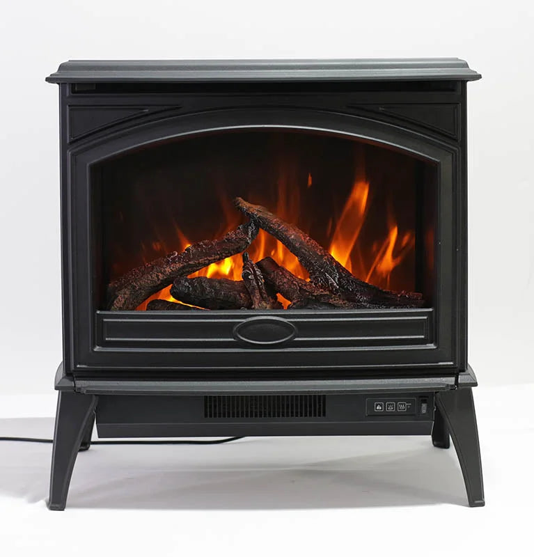Amantii Cast Iron Freestand Electric Fireplace - Distinctive European-styled free-standing electric fireplace with cast iron top and sides, beveled glass viewing area, vibrant multi-colored flame presentation.