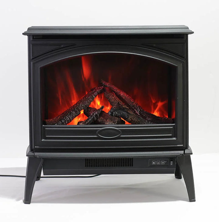 Amantii Cast Iron Freestand Electric Fireplace: Distinctively European-styled freestanding electric fireplace with beveled glass viewing area, cast iron top and sides, vibrant multi-colored flame presentation, ambient canopy lighting, and two heat settings for indoor use in 50cm or 70cm sizes.