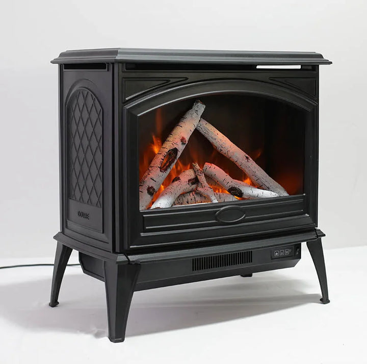Amantii Cast Iron Freestand Electric Fireplace, European-style free-standing electric fireplace with beveled glass viewing area and cast iron top and sides.