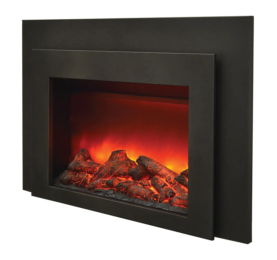 Amantii INS-FM-30 Electric Insert Fireplace features a stunning gradient flame, black steel surround, and remote control for zone heating in spaces up to 500 sq ft.