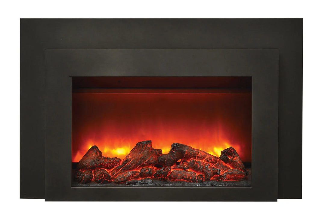 Amantii INS-FM-30 Electric Insert features stunning gradient flame, black steel surround, and adjustable log set for customizable ambiance.