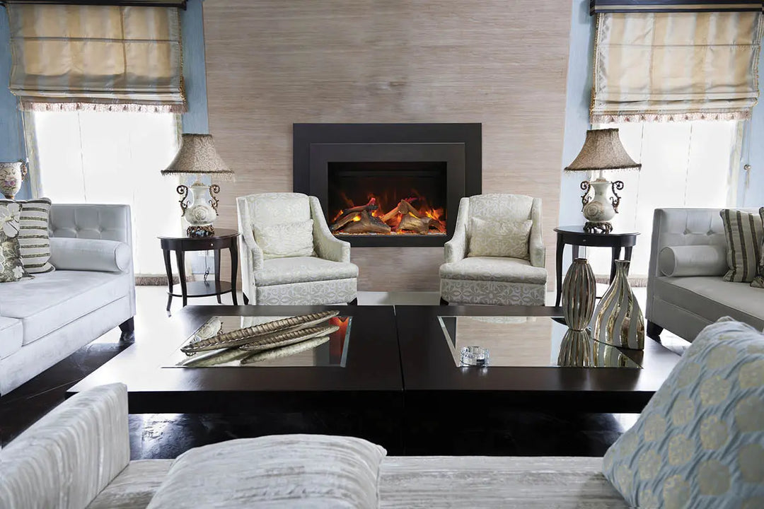 Amantii INS-FM-30 Electric Insert: Stylish flush mount electric fireplace insert with gradient flame, black steel surround, and included remote control for convenient zone heating in spaces up to 500 sq ft.