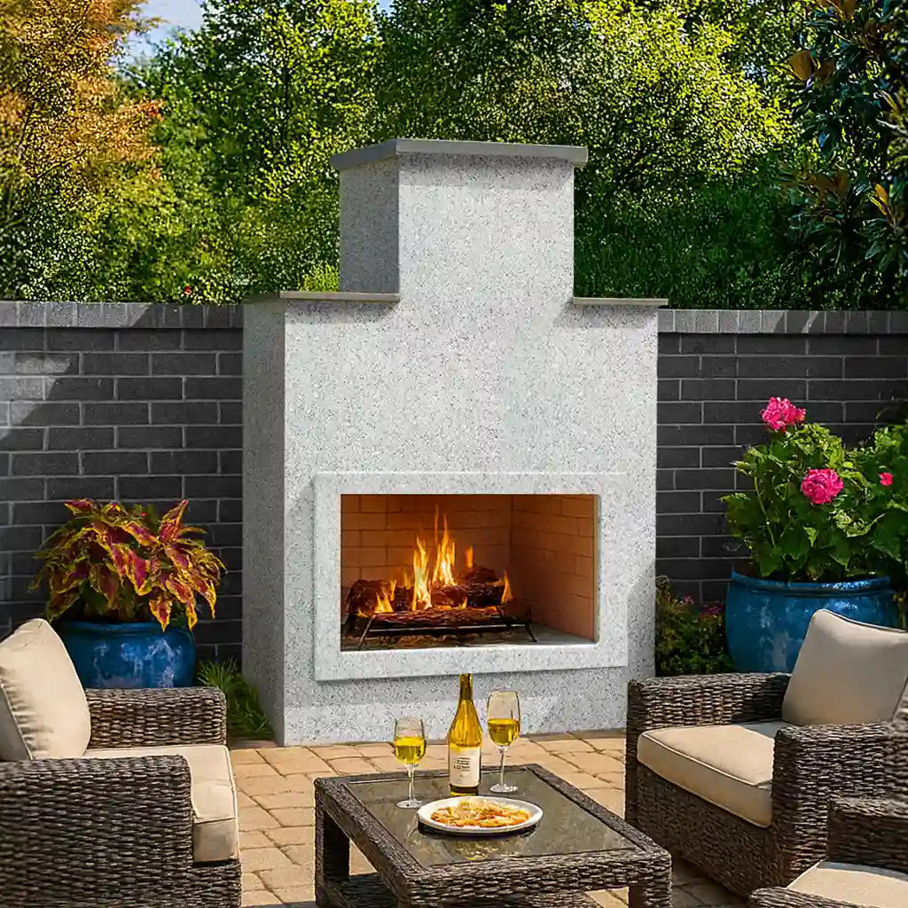 Cal Flame "Indio" Outdoor Gas Fireplace: A modern outdoor fireplace featuring bold architectural lines, textured exterior options (Stucco, Cultured Stone, or Cal Faux Stone), and a 22-inch double burner producing up to 90,000 BTUs for a vibrant flame display.