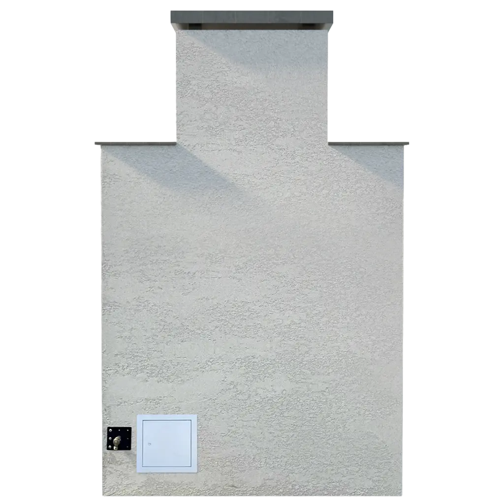 Cal Flame Indio Outdoor Gas Fireplace in Stucco finish, featuring bold architectural lines, textured exterior, and vibrant flame display, with 22" double burner producing up to 90,000 BTUs.