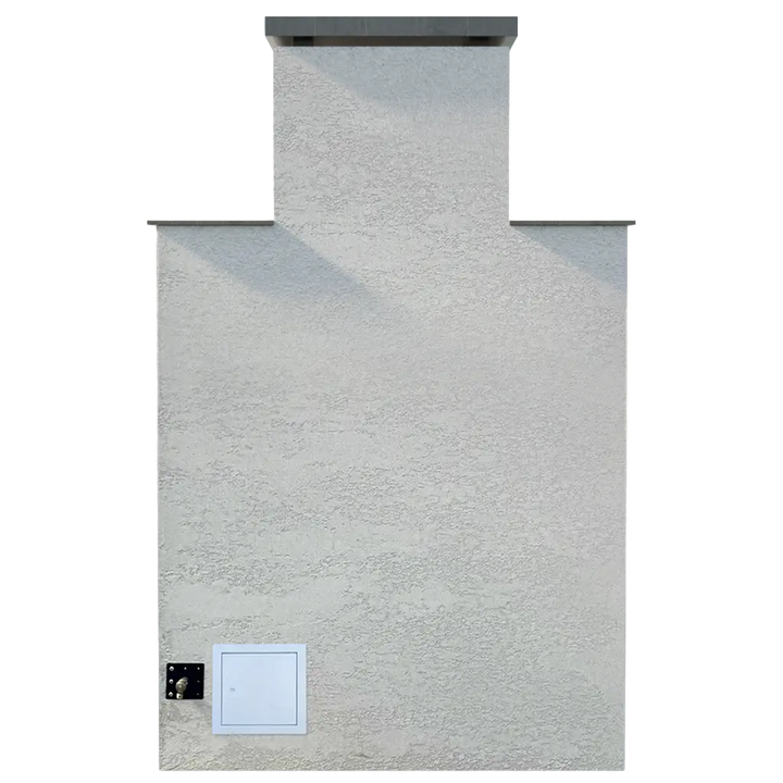 Cal Flame Indio Outdoor Gas Fireplace in Stucco finish, featuring bold architectural lines, textured exterior, and vibrant flame display, with 22" double burner producing up to 90,000 BTUs.