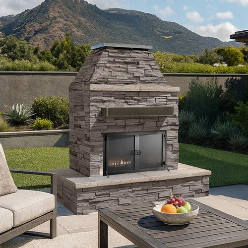 Cal Flame 'Key West' Outdoor Gas Fireplace w/ Wrap-around Mantel: A stylish, resort-inspired fireplace featuring a 22" Double Burner, brick-pattern firebox liner, and elegant wrap-around mantle, perfect for coastal-themed backyard escapes.