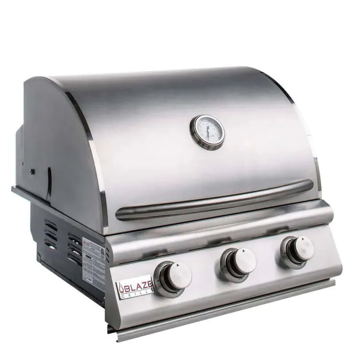 Blaze Prelude LBM 32" Built-In Gas Grill: High-performance grill constructed from heavy-duty 304 stainless steel, featuring four commercial-grade burners producing 56,000 BTUs and 715 square inches of cooking surface with precise temperature control and flame-stabilizing grids.