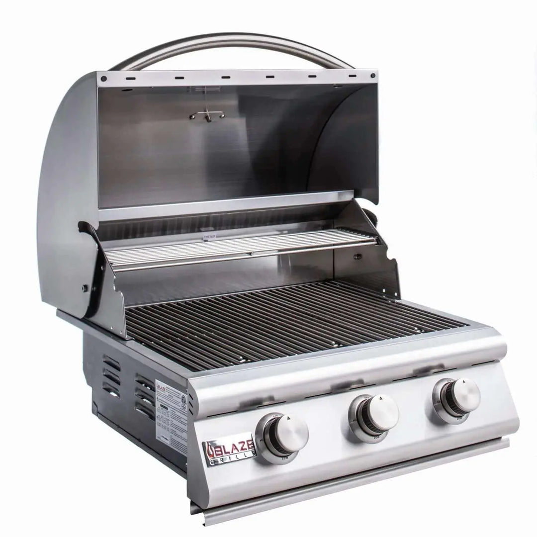Blaze Prelude LBM 25-Inch Built-In Gas Grill featuring three commercial-grade stainless steel burners, delivering 42,000 BTUs across 558 square inches of cooking area.