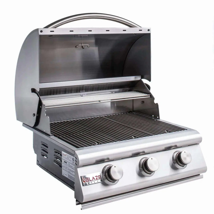 Blaze Prelude LBM 25-Inch Built-In Gas Grill featuring three commercial-grade stainless steel burners, delivering 42,000 BTUs across 558 square inches of cooking area.