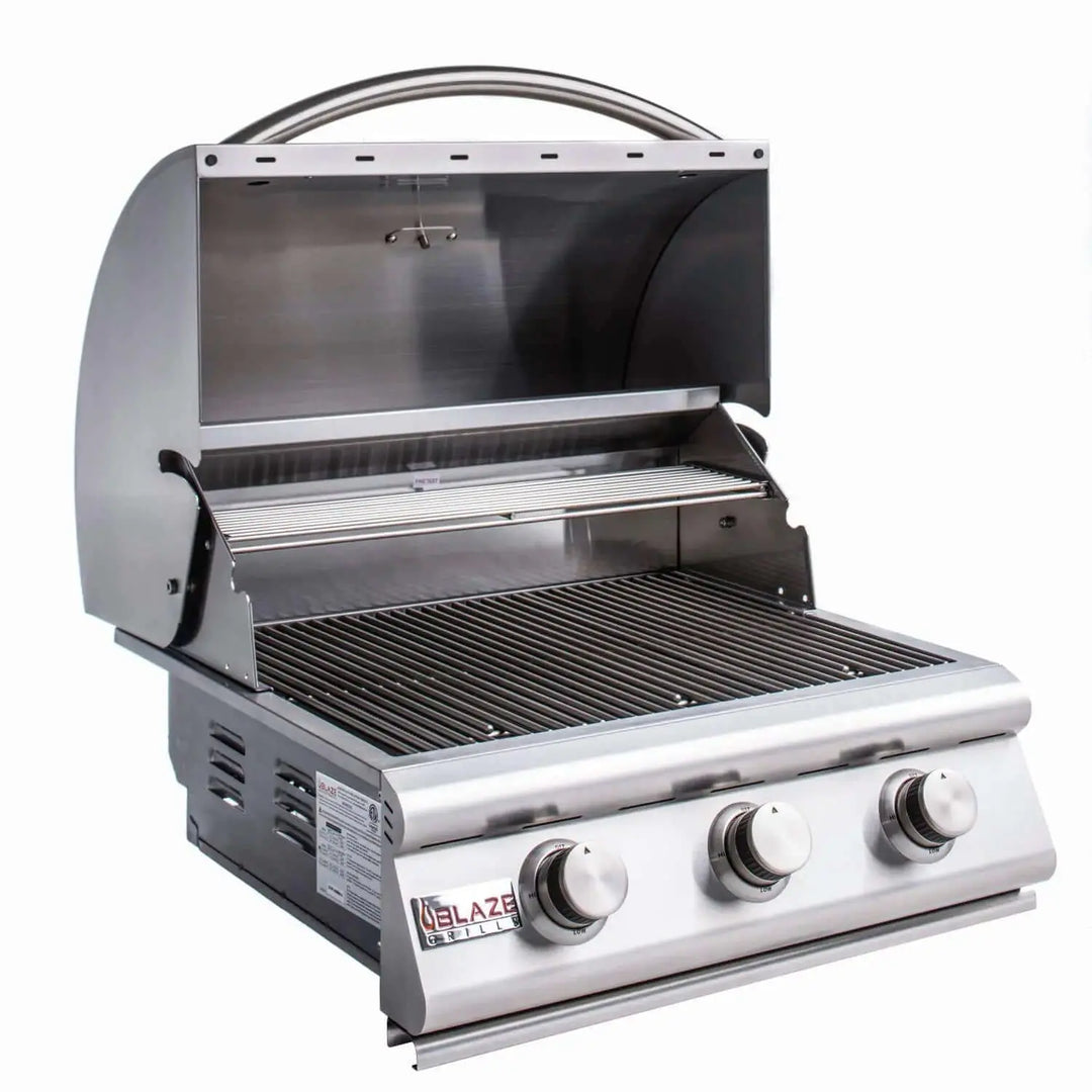Blaze Prelude LBM 32" Built-In Gas Grill features 304 stainless steel construction, 4 powerful burners producing 56,000 BTUs across 715 sq. in. cooking surface with heat zone separators and flame-stabilizing grids for precise temperature control and reduced flare-ups.