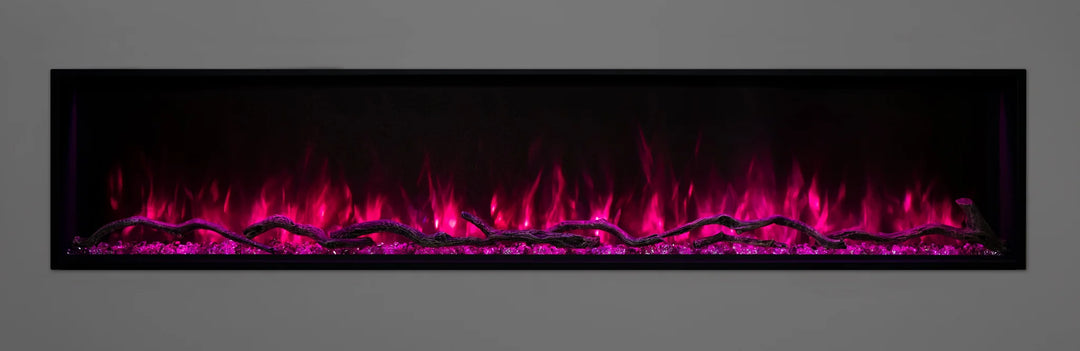 Modern Flames Landscape Pro Slim Electric Fireplace, sleek frameless design, cutting-edge Hybrid-FX flame technology, whisper-quiet heat, smart home integration, available in 5 size options (44"-96"), perfect for indoor or outdoor spaces.