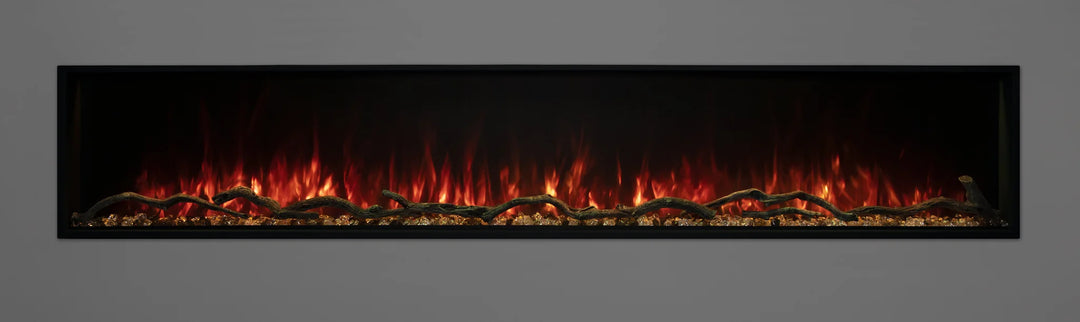 Modern Flames "Landscape Pro Slim" Electric Fireplace in 44"-96" sizes features frameless design, Hybrid-FX flame technology, and whisper-quiet heat for modern living spaces.