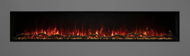 Modern Flames "Landscape Pro Slim" Electric Fireplace in 44"-96" sizes features frameless design, Hybrid-FX flame technology, and whisper-quiet heat for modern living spaces.