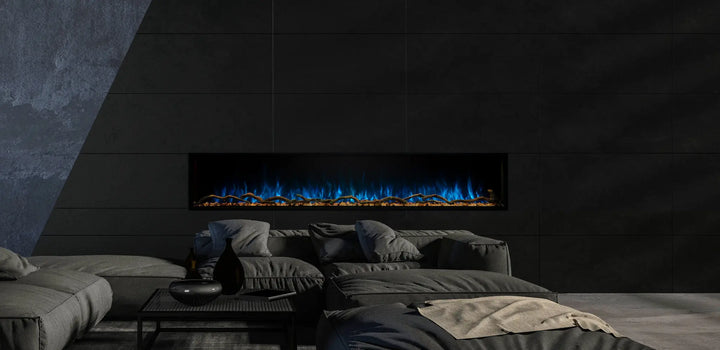 Modern Flames Landscape Pro Slim Electric Fireplace in 44"-96" sizes, featuring frameless design, Hybrid-FX flame technology, whisper-quiet heat, and full Smart Home integration.