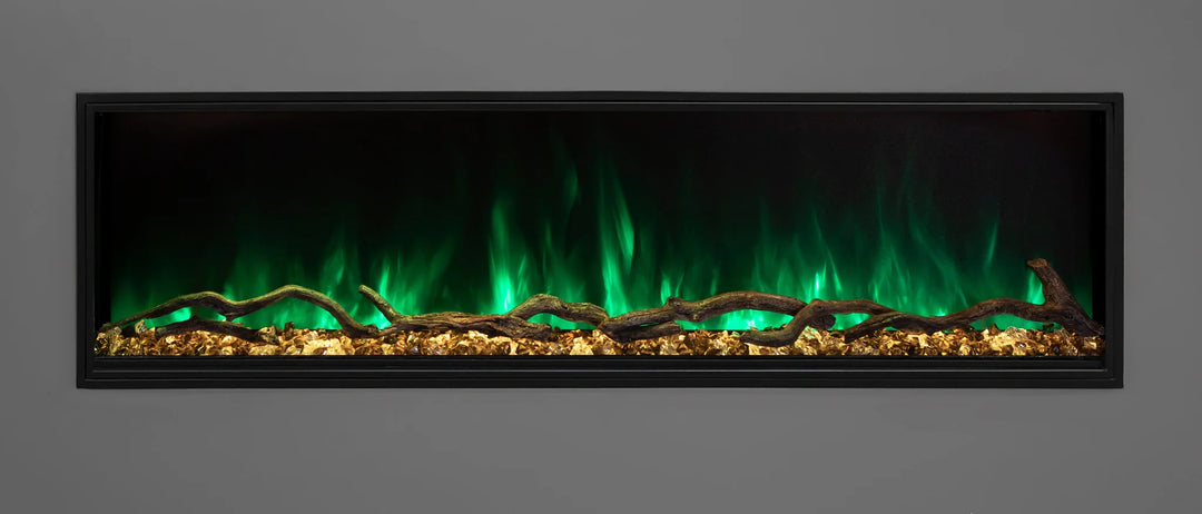 Modern Flames Landscape Pro Slim Electric Fireplace, sleek frameless design with edge-to-edge glass, customizable flame technology, and whisper-quiet heat in 44"-96" sizes.