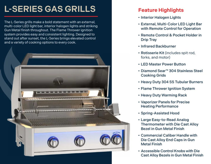 The American Outdoor Grill 24" L-Series Portable Grill features a premium stainless steel cart with fold-down shelves and dedicated storage, complete with a 432 sq. inch cooking surface, LED light bar, and rotisserie kit.