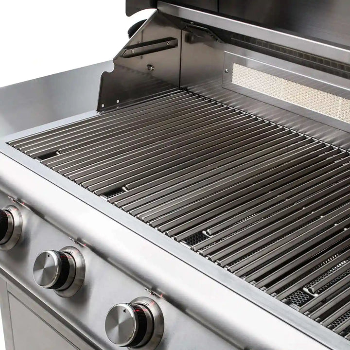 Blaze Premium LTE Marine Grade 32" Freestanding Gas Grill featuring 316L stainless steel construction, four cast burners, and a rear infrared rotisserie burner for high-heat searing or slow roasting.
