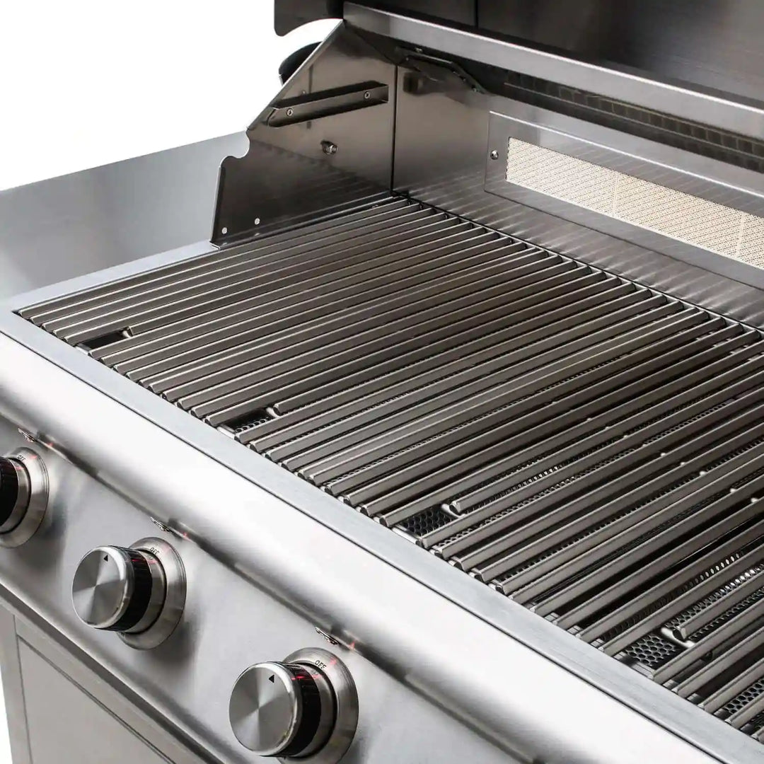 Blaze Premium LTE 40-Inch 5-Burner Freestanding Grill featuring commercial-grade stainless steel construction, 80,000 BTUs, and advanced heat control systems for superior grilling performance.