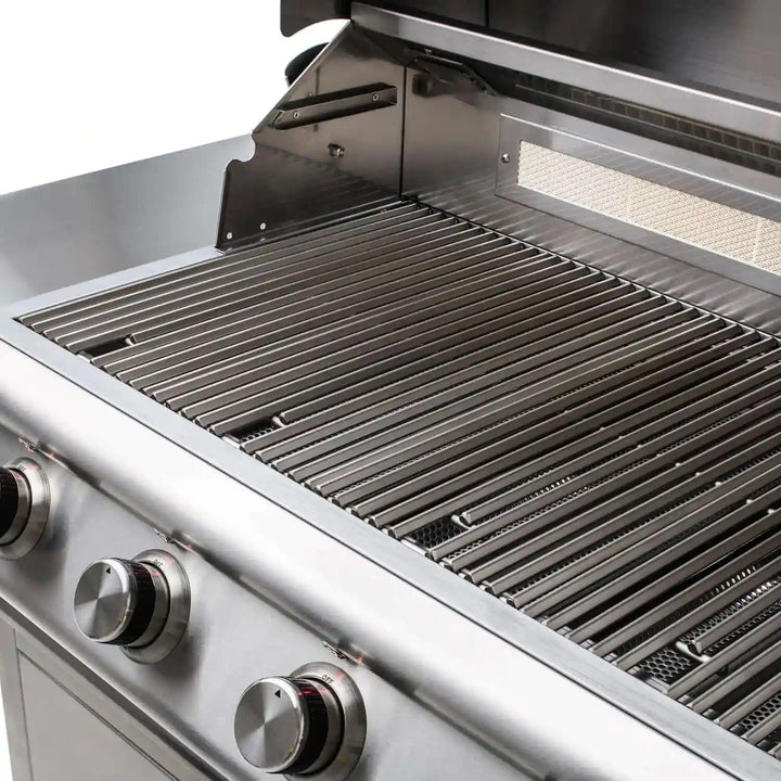 Blaze Premium LTE 40-Inch 5-Burner Freestanding Grill featuring commercial-grade stainless steel construction, 80,000 BTUs, and advanced heat control systems for superior grilling performance.