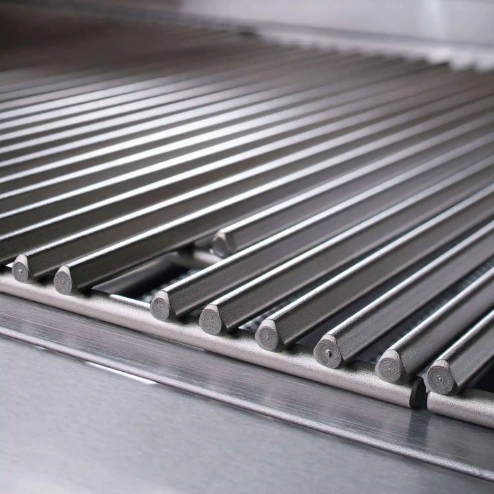 Blaze Premium LTE 40-Inch 5-Burner Freestanding Grill: Commercial-grade cast stainless steel burners deliver 70,000 BTUs, while 9mm cooking rods and heat zone separators enable precise grilling control amidst 915 square inches of expansive cooking space, illuminated by LED-illuminated controls and interior halogen lights.