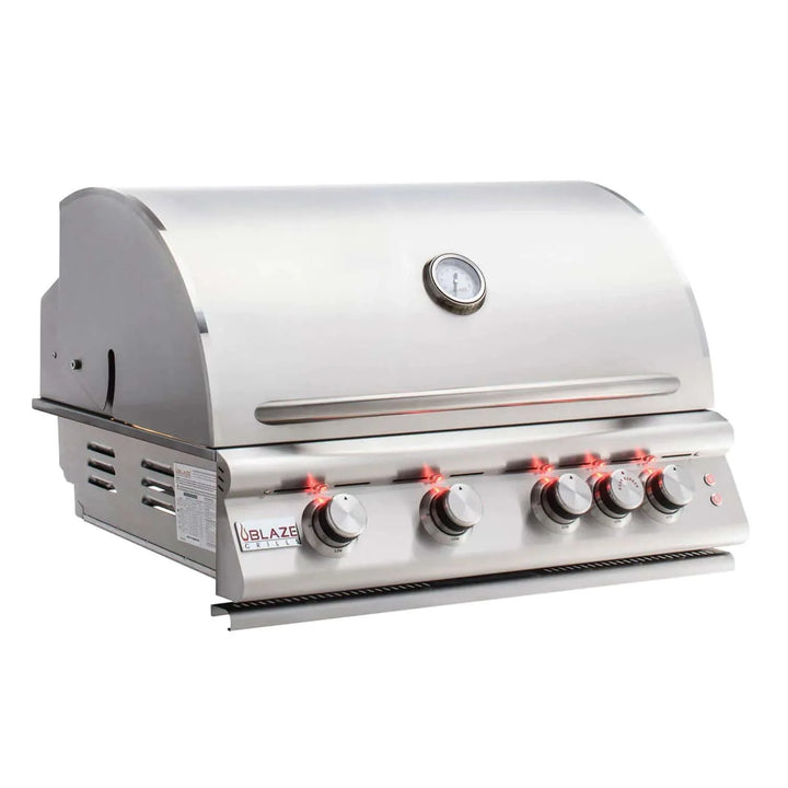 Blaze Premium LTE 32" 4-Burner Built-In Grill: Commercial-grade stainless steel construction, 66,000 BTUs, 740 sq. in. cooking area, and smart lighting features for premium outdoor grilling performance.