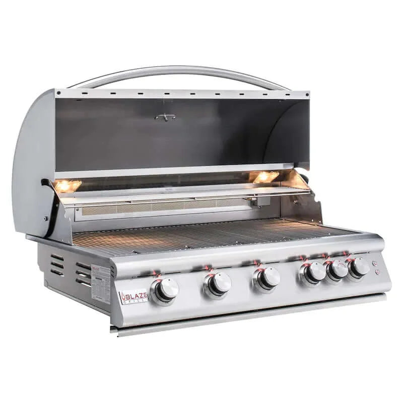 Blaze Premium LTE 40-Inch 5-Burner Built-In Grill with commercial-grade performance, solid 304 cast stainless steel construction, 80,000 BTUs total cooking power, and LED-illuminated control knobs.