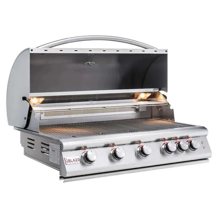 Blaze Premium LTE 40-Inch 5-Burner Built-In Grill with commercial-grade performance, solid 304 cast stainless steel construction, 80,000 BTUs total cooking power, and LED-illuminated control knobs.