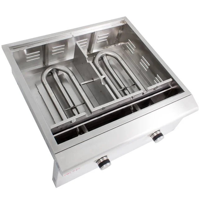 Blaze Built-In LTE Gas Griddle, professional-grade outdoor kitchen appliance with 495 sq in cooking surface, two 18,000 BTU U-shaped burners, and stainless steel lid.