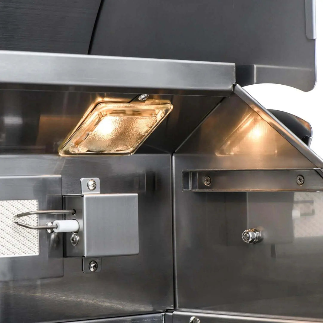Blaze Premium LTE 32" Built-In Grill featuring 4 commercial-grade stainless steel burners, 740 sq in cooking surface, and smart lighting features for optimal grilling performance and ambiance.
