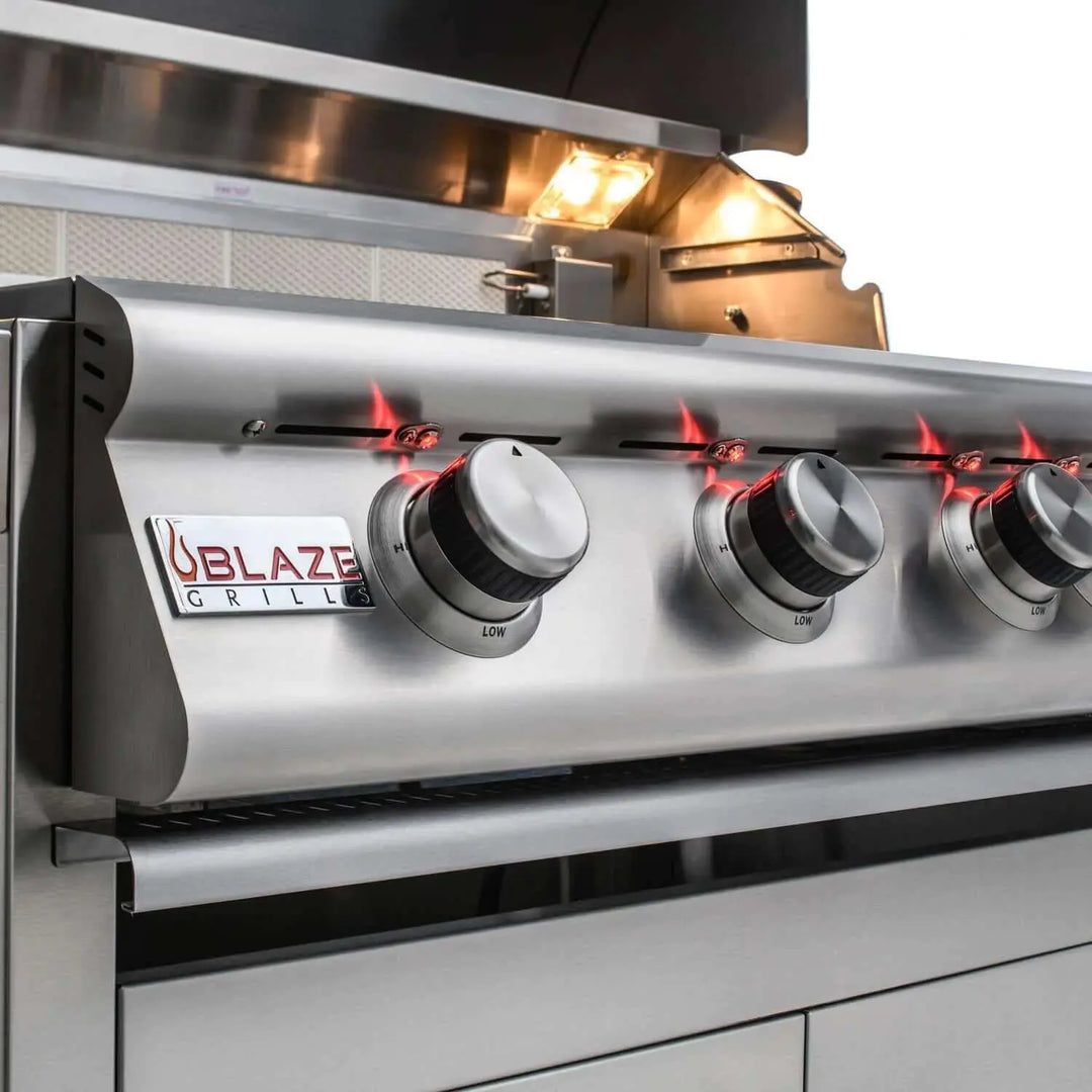 Blaze Premium LTE 32-Inch Freestanding Gas Grill featuring commercial-grade stainless steel construction, four high-performance burners, rear infrared rotisserie burner, and 740 square inches of cooking surface with thoughtful design details for maximum flavor and versatility.
