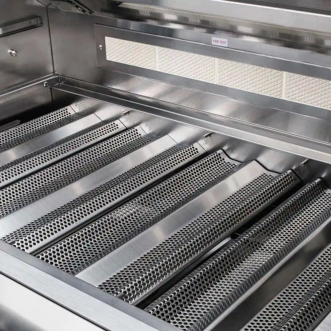 Blaze Premium LTE 40-Inch 5-Burner Freestanding Grill: Commercial-grade cast stainless steel construction, 5 powerful burners, 915 sq. in. cooking surface, and LED-illuminated control knobs for evening grilling convenience.