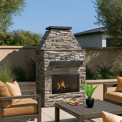 Cal Flame "Laredo" Outdoor Gas Fireplace: A rustic outdoor fireplace featuring a textured façade, clean architectural lines, and 90,000 BTU heat output from its 22" double burner, with included brick-pattern firebox and log set for captivating ambiance and warmth.