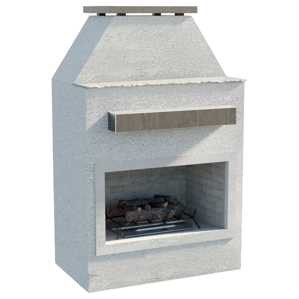 Cal Flame "Laredo" Outdoor Gas Fireplace: A rustic outdoor fireplace with textured façade, bold silhouette, and clean architectural lines, featuring 90,000 BTU heat output, brick-pattern firebox, and included log set with lava rocks.