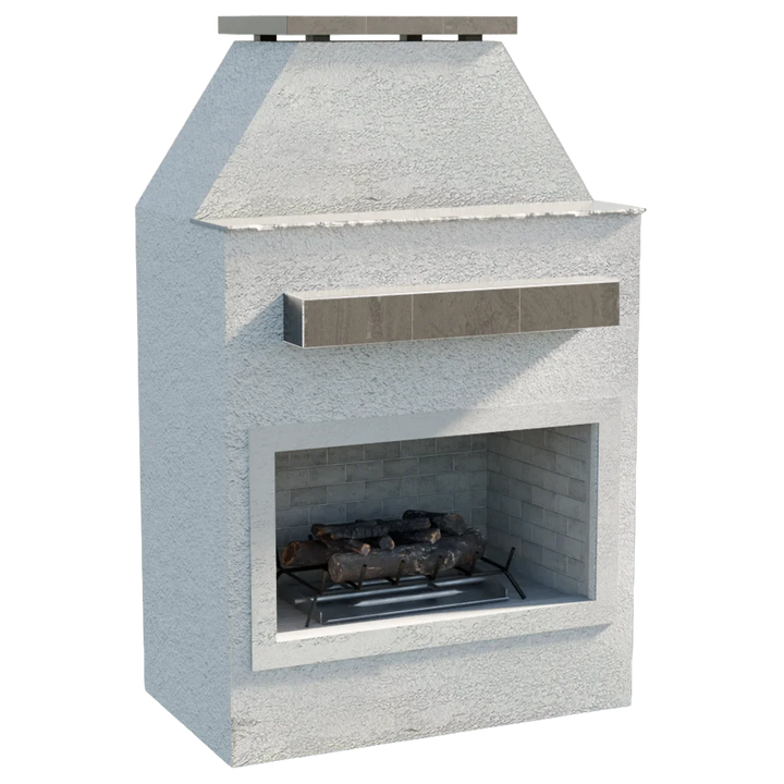 Cal Flame "Laredo" Outdoor Gas Fireplace: A rustic outdoor fireplace with textured façade, bold silhouette, and clean architectural lines, featuring 90,000 BTU heat output, brick-pattern firebox, and included log set with lava rocks.