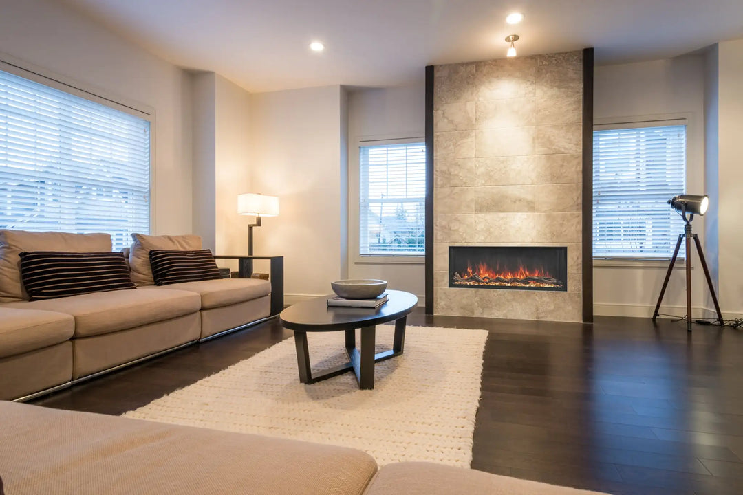 Modern Flames "Landscape Pro Multi" Electric Fireplace featuring sleek three-sided design with linear flame display, high-performance heating, and advanced Hybrid-FX Flame Technology in six available widths from 44"-120".