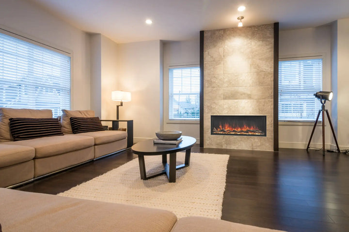 Modern Flames "Landscape Pro Multi" Electric Fireplace featuring sleek three-sided design with linear flame display, high-performance heating, and advanced Hybrid-FX Flame Technology in six available widths from 44"-120".