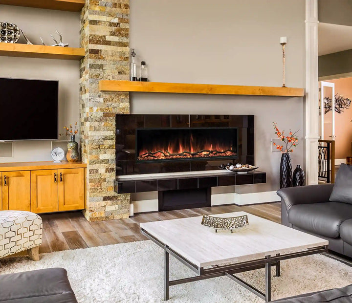 Modern Flames Landscape Pro Slim Electric Fireplace in sleek frameless design, featuring Hybrid-FX flame technology and whisper-quiet heat for indoor or outdoor spaces.