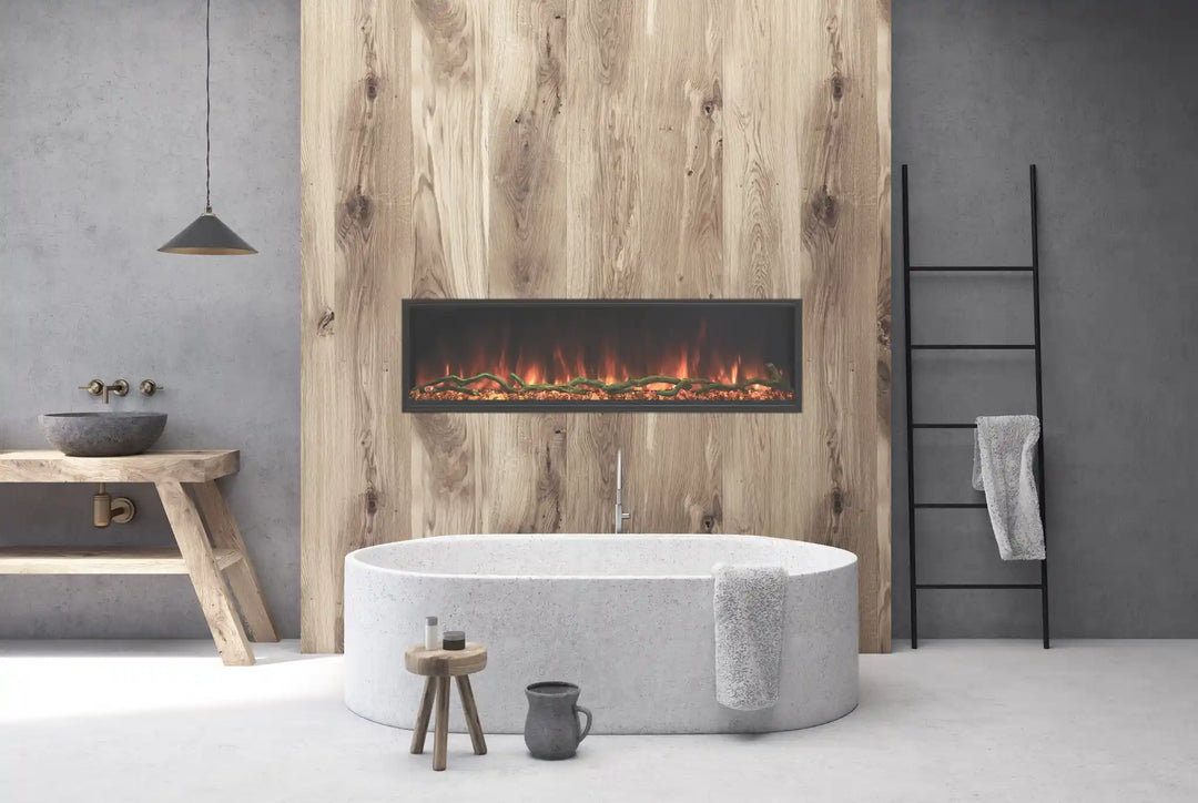 Modern Flames Landscape Pro Slim Electric Fireplace in sleek frameless design, featuring Hybrid-FX flame technology and whisper-quiet heat for indoor or covered outdoor use.