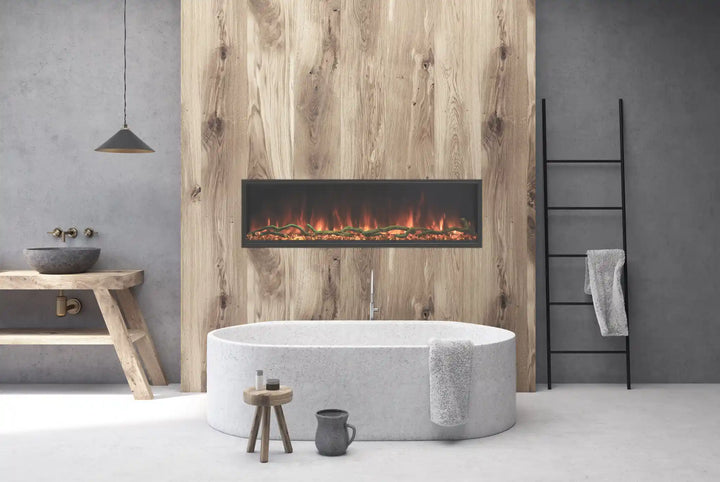 Modern Flames Landscape Pro Slim Electric Fireplace in sleek frameless design, featuring Hybrid-FX flame technology and whisper-quiet heat for indoor or covered outdoor use.