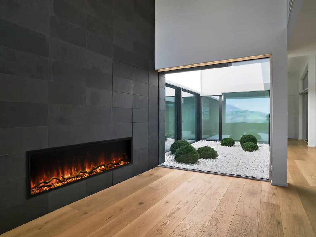 Modern Flames Landscape Pro Slim Electric Fireplace, slim-profile design with edge-to-edge glass for a clean finish, features Hybrid-FX flame technology and whisper-quiet heat.